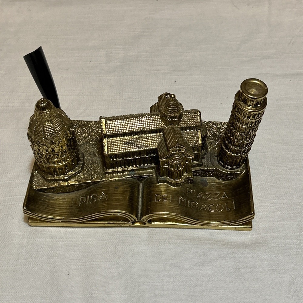 Vintage Brass Pisa Piazza Dei Miracoli Desk Souvenir And Pen Holder - Signed